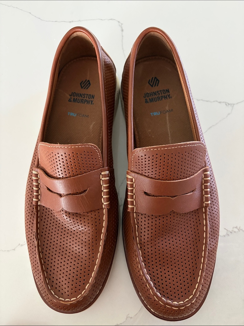 Johnston & Murphy Tan Perforated Leather Penny Loafers